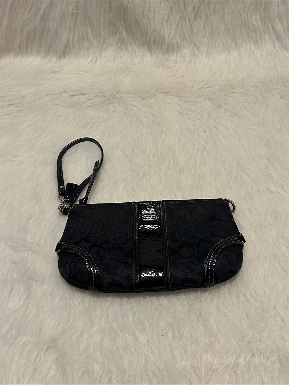 Coach Black Signature Canvas Wristlet with Patent Center Stripe